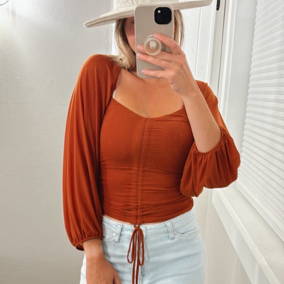 Lulu’s Completed Charmed Ruched Top Crop Top Small Rust Orange - Picture 6 of 15